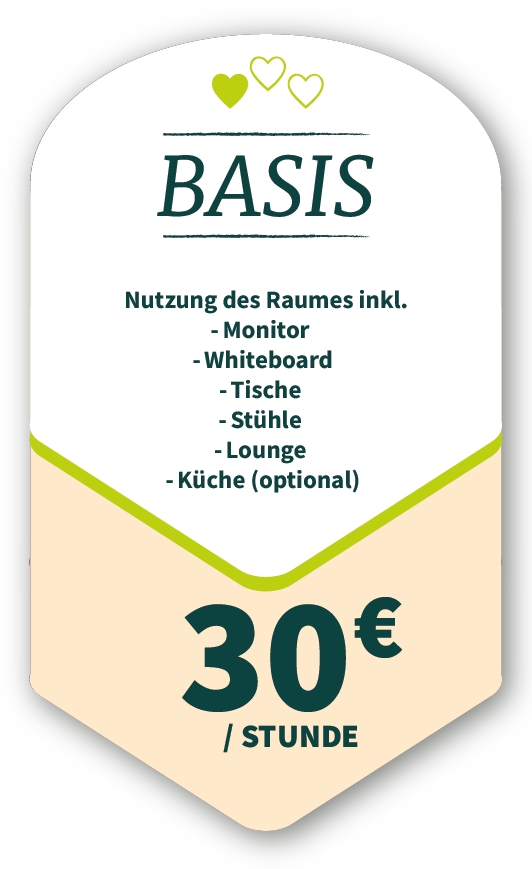 Basis Nutzung des Raumes inkl. Monitor, Whiteboard, Tische, Stühle, Lounge und Küche (optional) 30 € pro Stunde