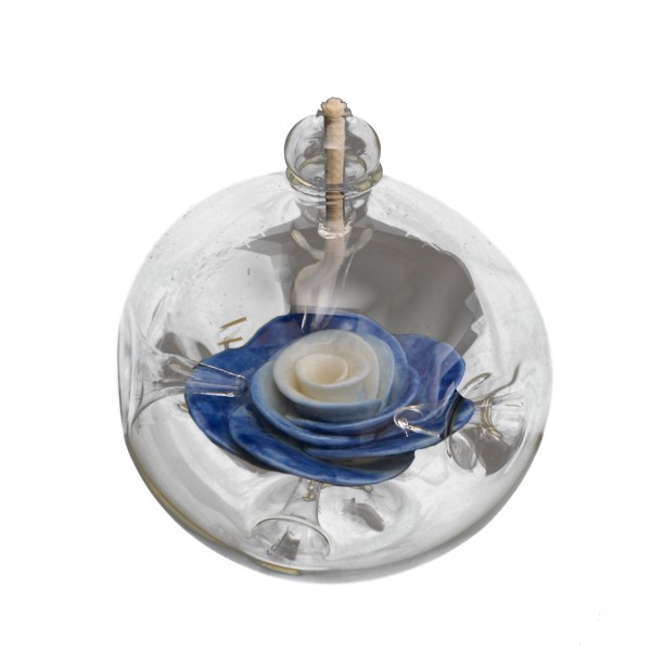 Glas-Öllampe mit blauer Porzellanrose