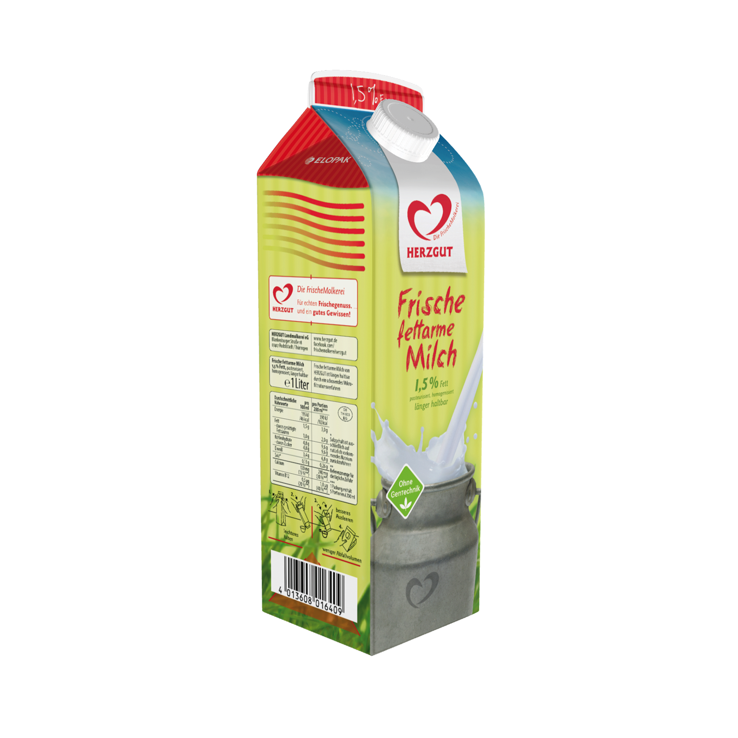 Herzgut Landmolkerei Rudolstadt 1l fettarme Milch 1,5% Tetrapack