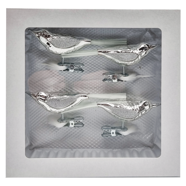 Vogel - silber, weiß - mit Glasfaßer-Schwanz - 4er Set
