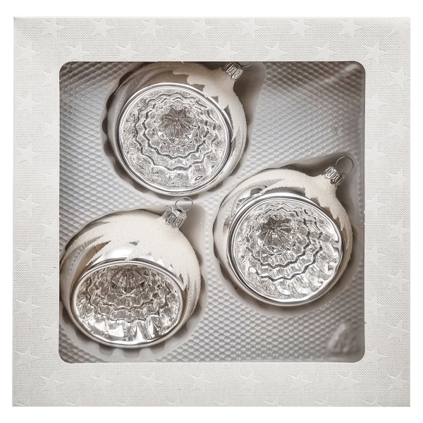 Christbaumkugel-Set - silber mit Glimmerdach - mit reflex - 3 Stk - 8cm Kugeln