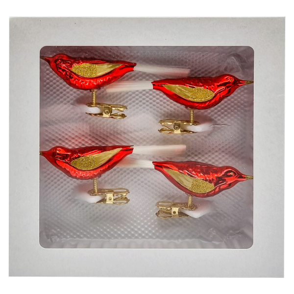 Vogel - rot, gold - mit Glasfaßer-Schwanz - 4er Set